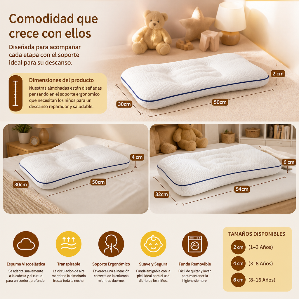 Almohada Ergonómica Infantil de Espuma Viscoelástica con Soporte para el Cuello