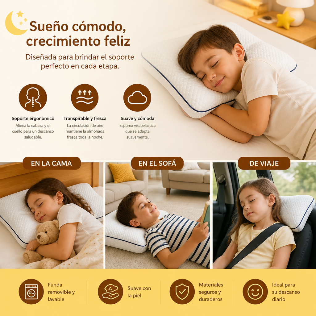 Almohada Ergonómica Infantil de Espuma Viscoelástica con Soporte para el Cuello