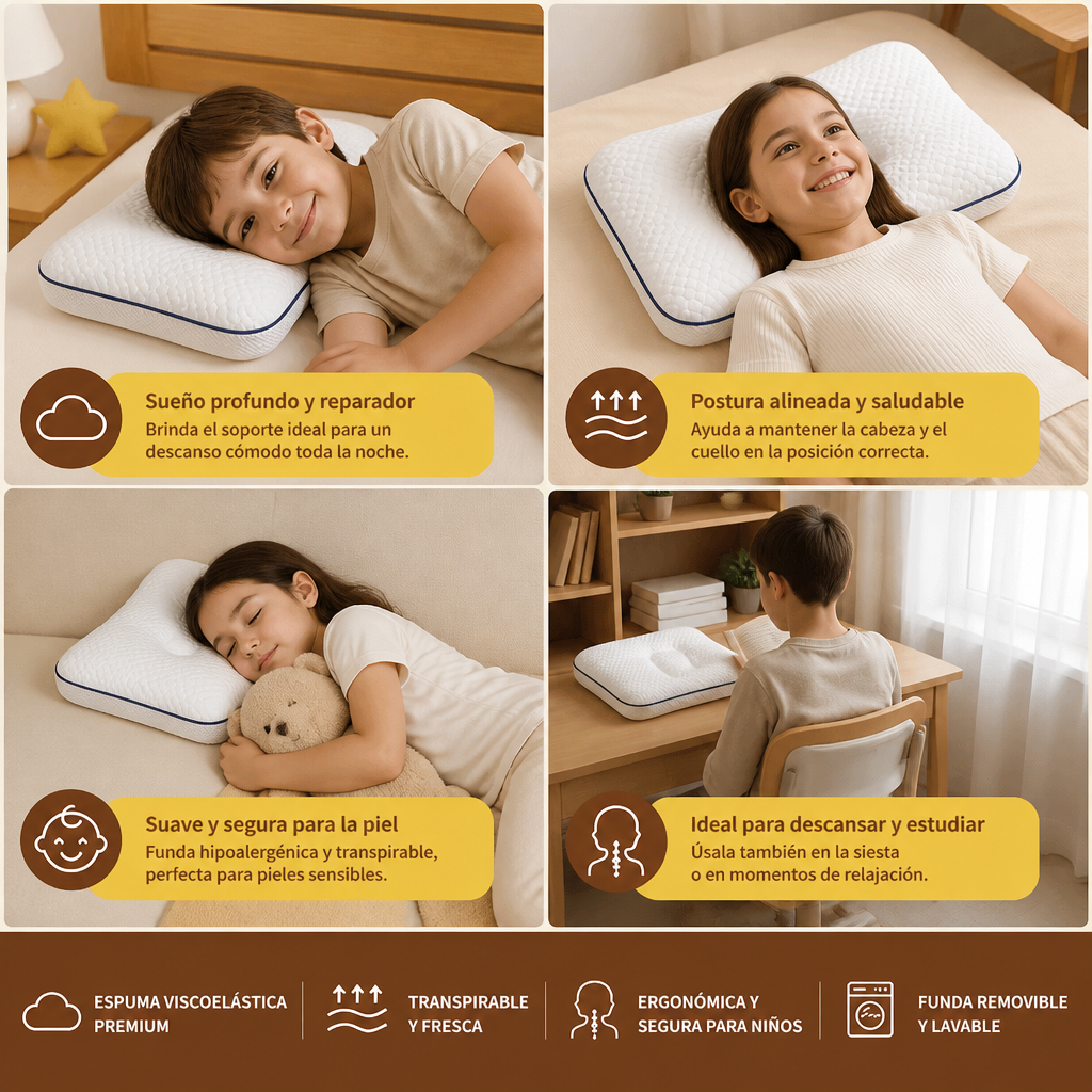 Almohada Ergonómica Infantil de Espuma Viscoelástica con Soporte para el Cuello