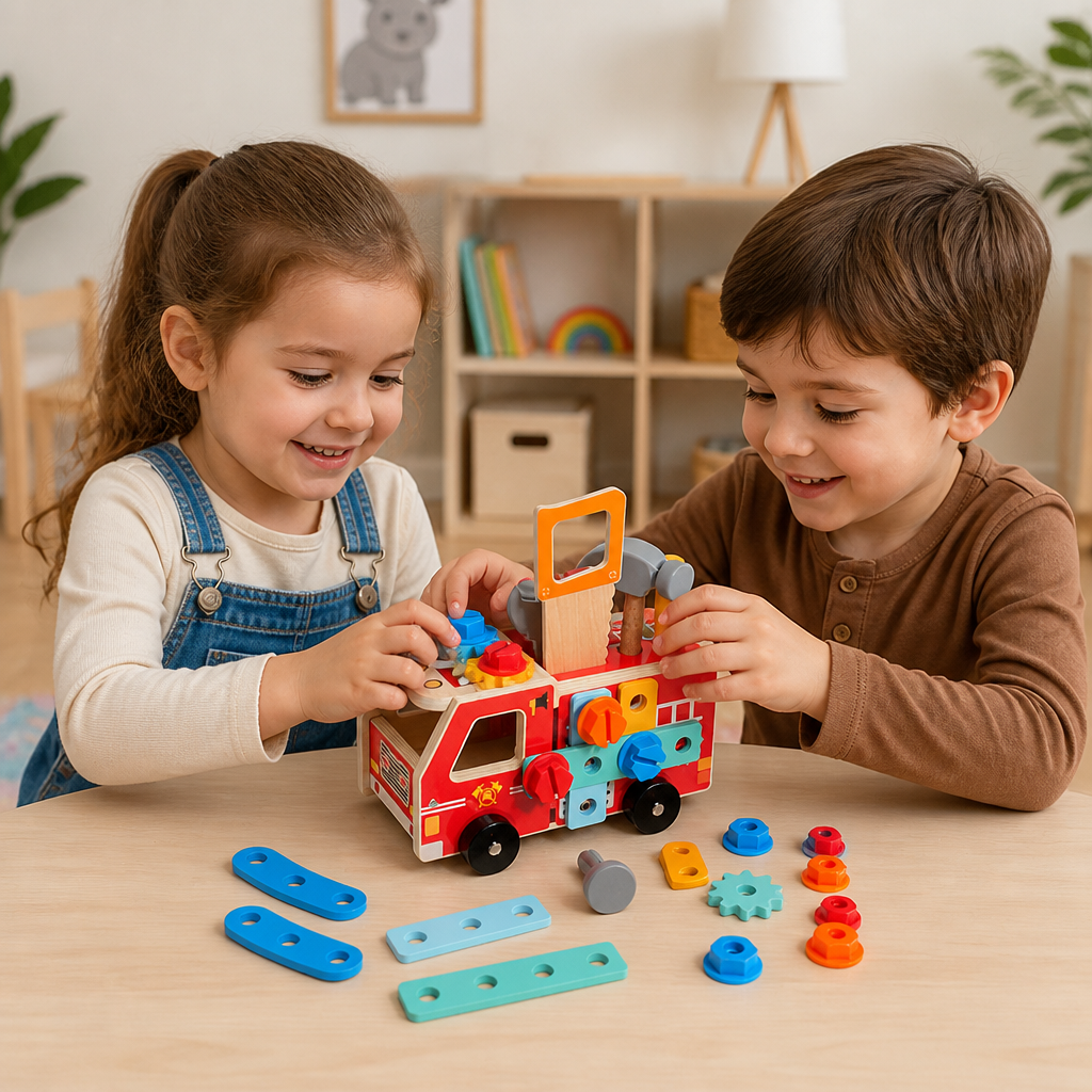 Caja de Herramientas y Set de Construcción de Bombero Montessori de Madera
