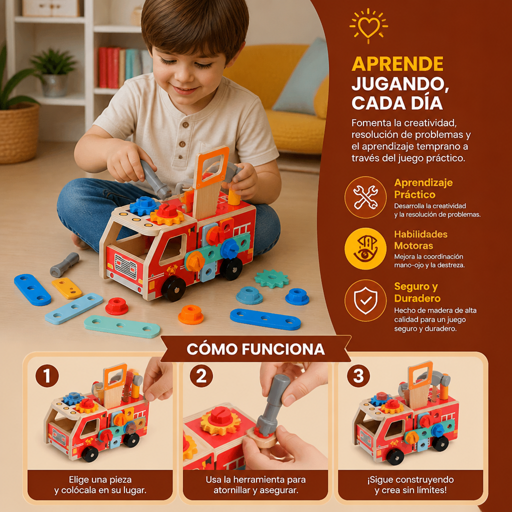 Caja de Herramientas y Set de Construcción de Bombero Montessori de Madera