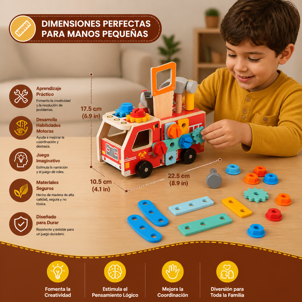 Caja de Herramientas y Set de Construcción de Bombero Montessori de Madera