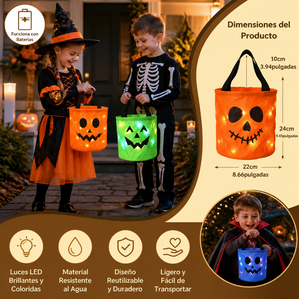 Cubo De Dulces LED De Halloween Para Truco O Trato – Bolsa Reutilizable Con Luz LED