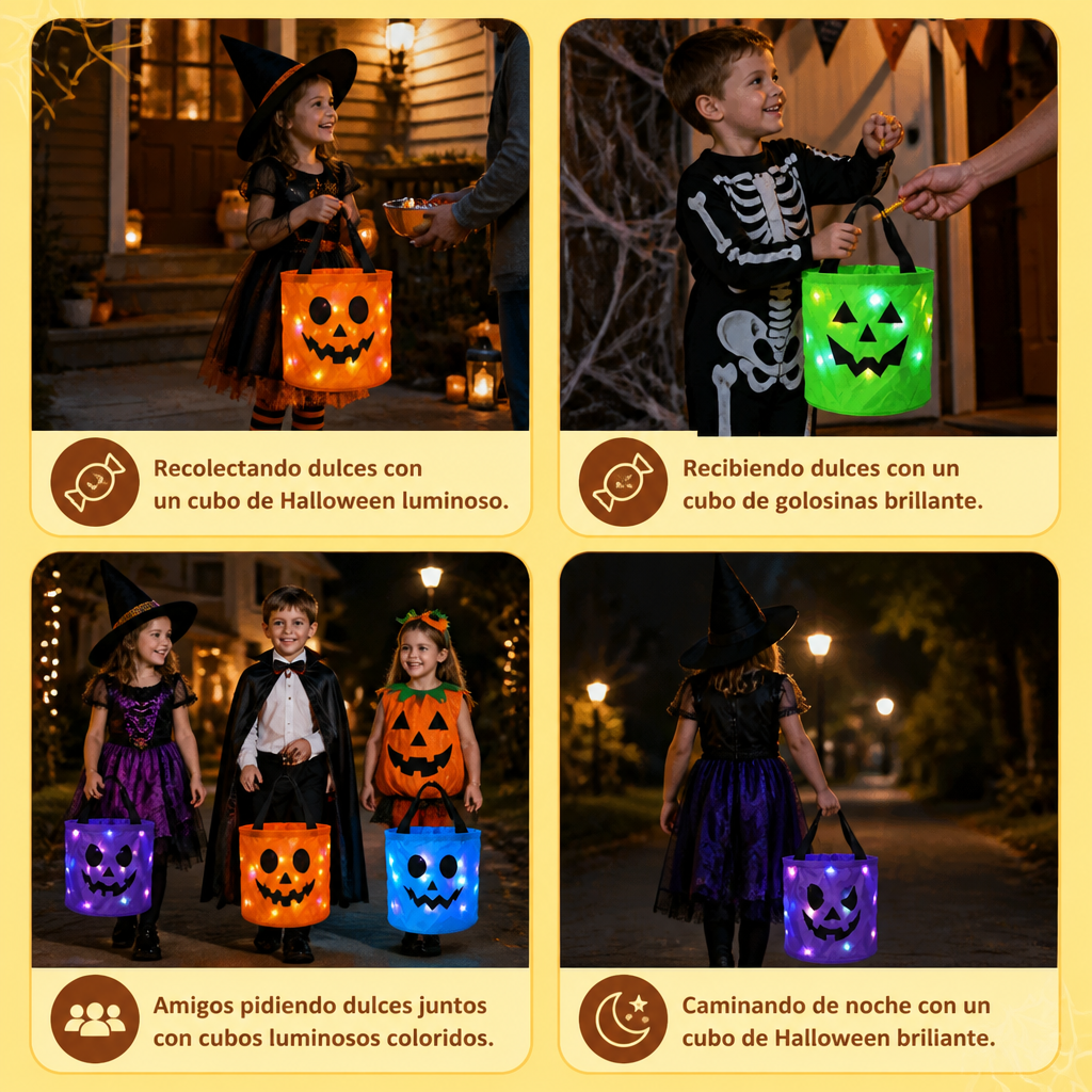 Cubo De Dulces LED De Halloween Para Truco O Trato – Bolsa Reutilizable Con Luz LED
