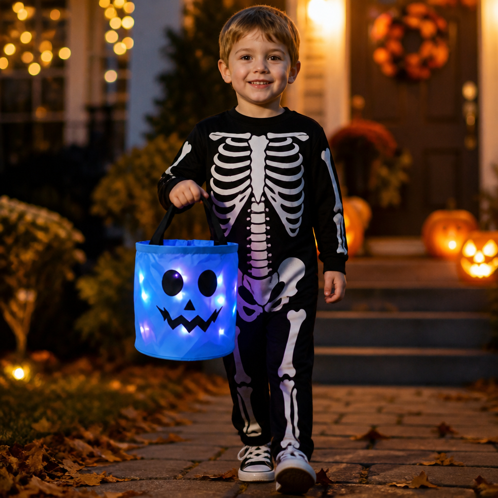 Cubo De Dulces LED De Halloween Para Truco O Trato – Bolsa Reutilizable Con Luz LED