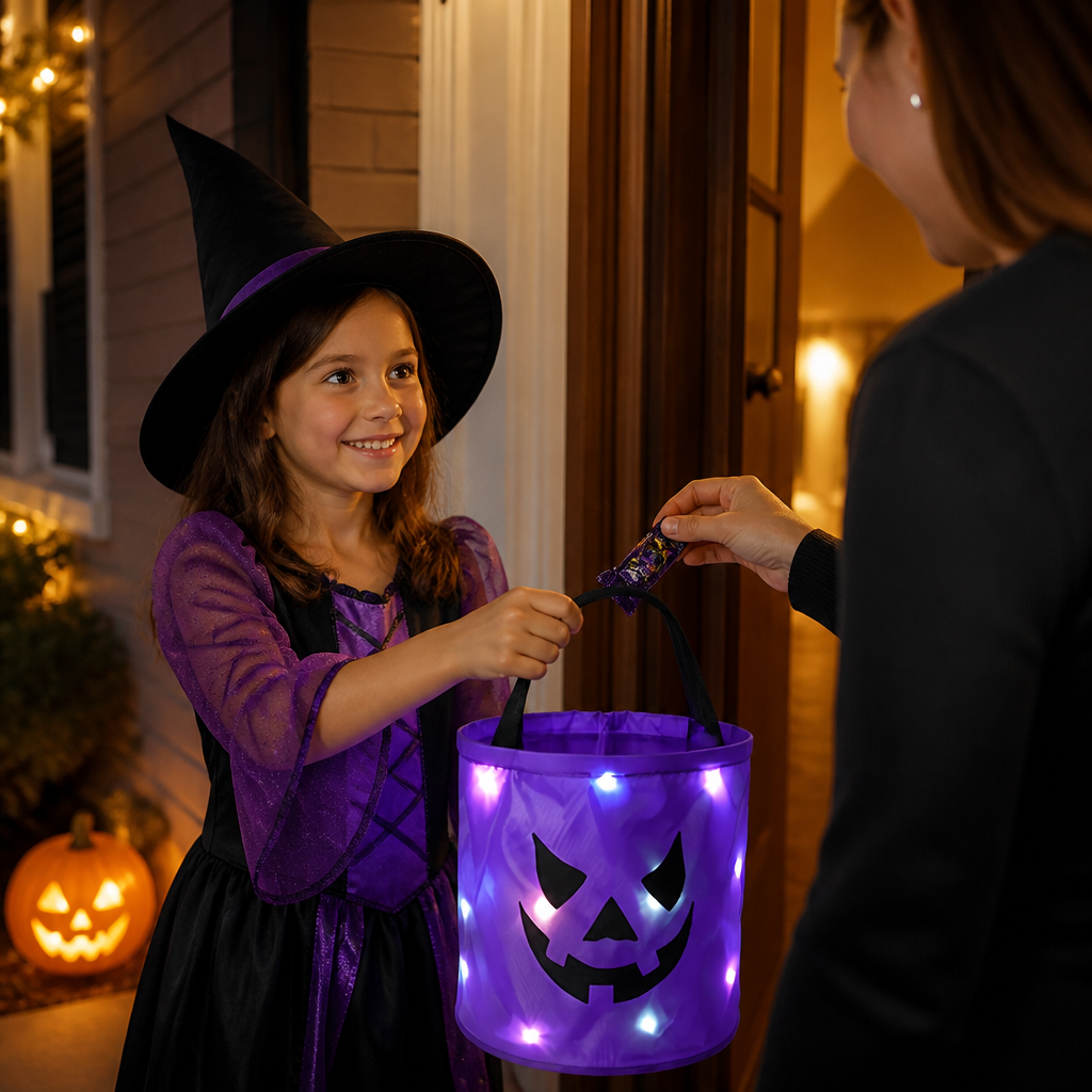 Cubo De Dulces LED De Halloween Para Truco O Trato – Bolsa Reutilizable Con Luz LED