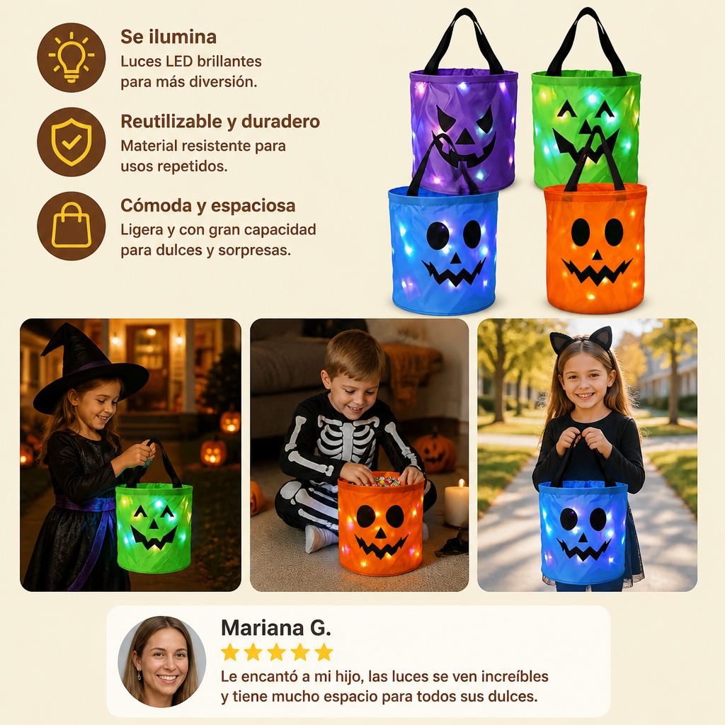 Cubo De Dulces LED De Halloween Para Truco O Trato – Bolsa Reutilizable Con Luz LED