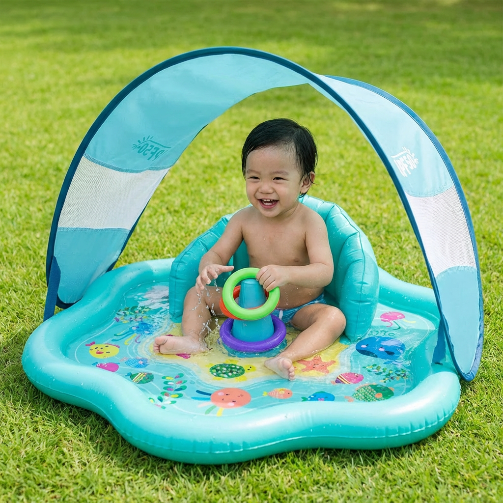 Alfombra de Juego Inflable para Bebés con Dosel – Juego Acuático y Protección Solar para Niños Pequeños