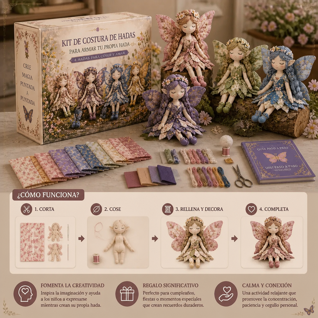 Kit de Costura DIY de Hada para Niños – Crea Encantadoras Muñecas Hada con Tela, Accesorios e Instrucciones