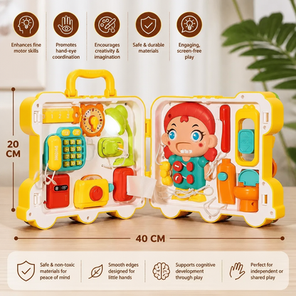 Juguete Busy Board de Autobús para Niños con Actividades y Muñeca