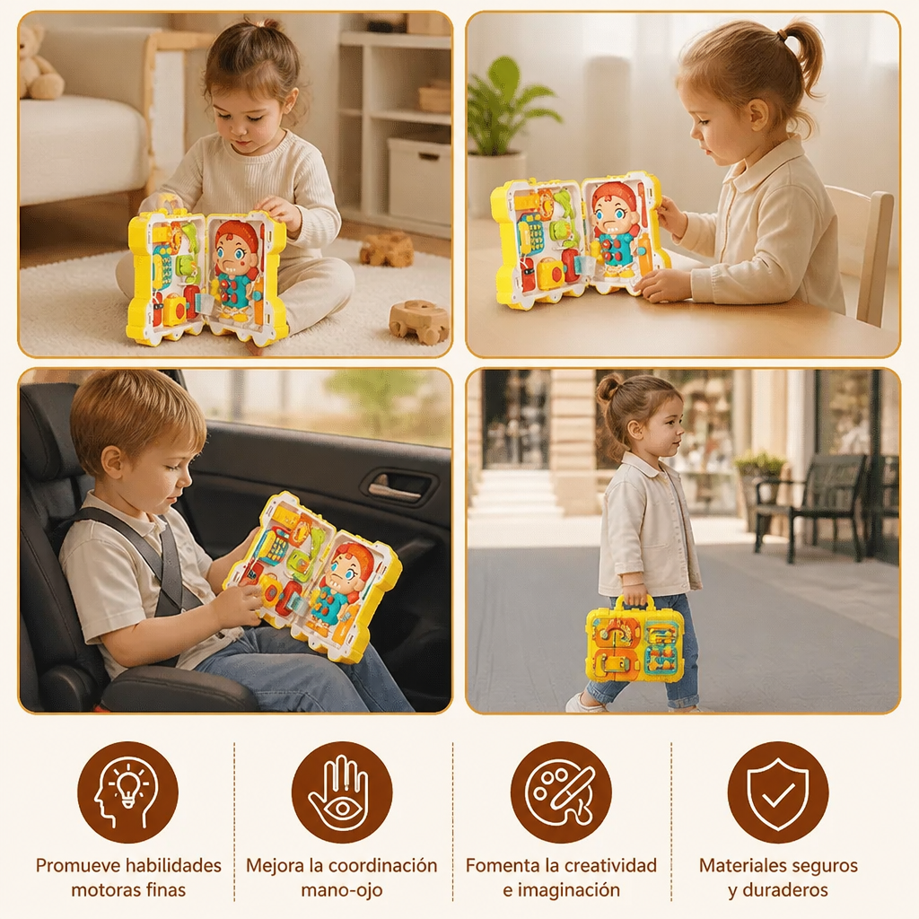 Juguete Busy Board de Autobús para Niños con Actividades y Muñeca