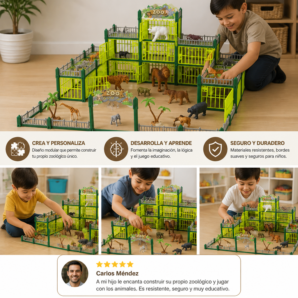 Set de Juego Modular para Construir Tu Propio Zoo con Figuras de Animales y Jaulas Interactivas