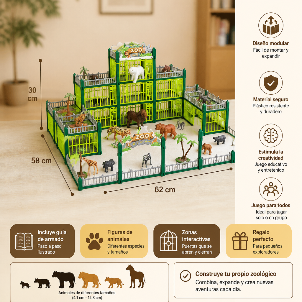 Set de Juego Modular para Construir Tu Propio Zoo con Figuras de Animales y Jaulas Interactivas