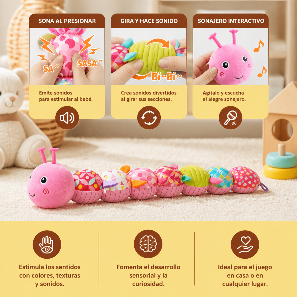 Caterpillar Sensorial de Peluche con Sonajero y Música