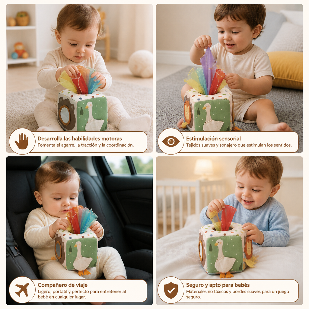 Caja Sensorial Montessori para Bebés – Juguete Suave de Texturas y Sonidos Crujientes