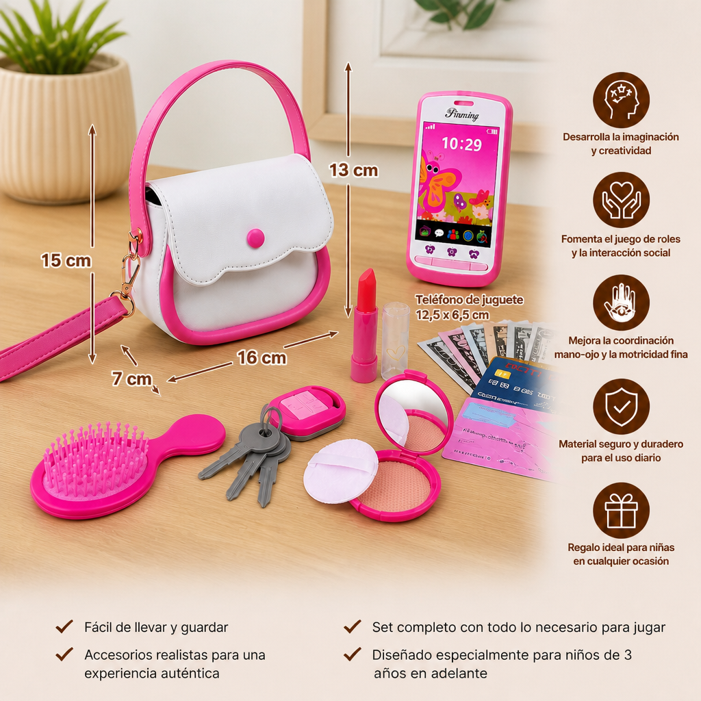 Set de Bolso de Juego de Imitación para Niños con Teléfono, Maquillaje y Accesorios