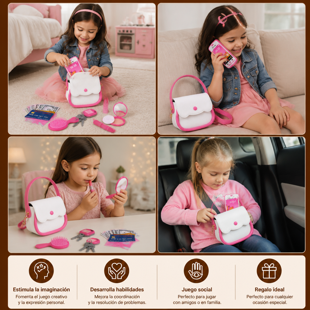 Set de Bolso de Juego de Imitación para Niños con Teléfono, Maquillaje y Accesorios