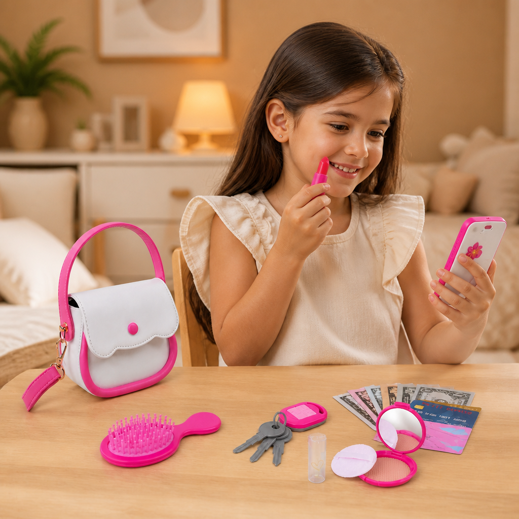 Set de Bolso de Juego de Imitación para Niños con Teléfono, Maquillaje y Accesorios