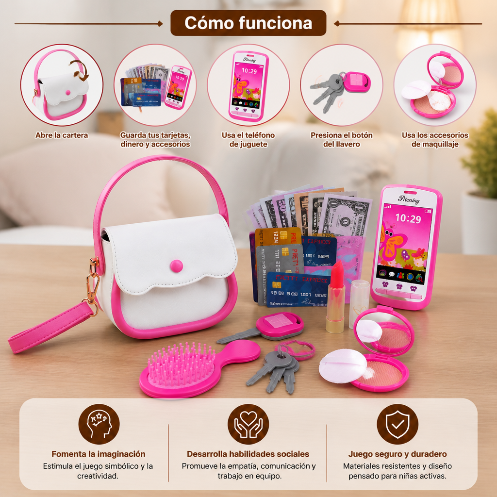 Set de Bolso de Juego de Imitación para Niños con Teléfono, Maquillaje y Accesorios