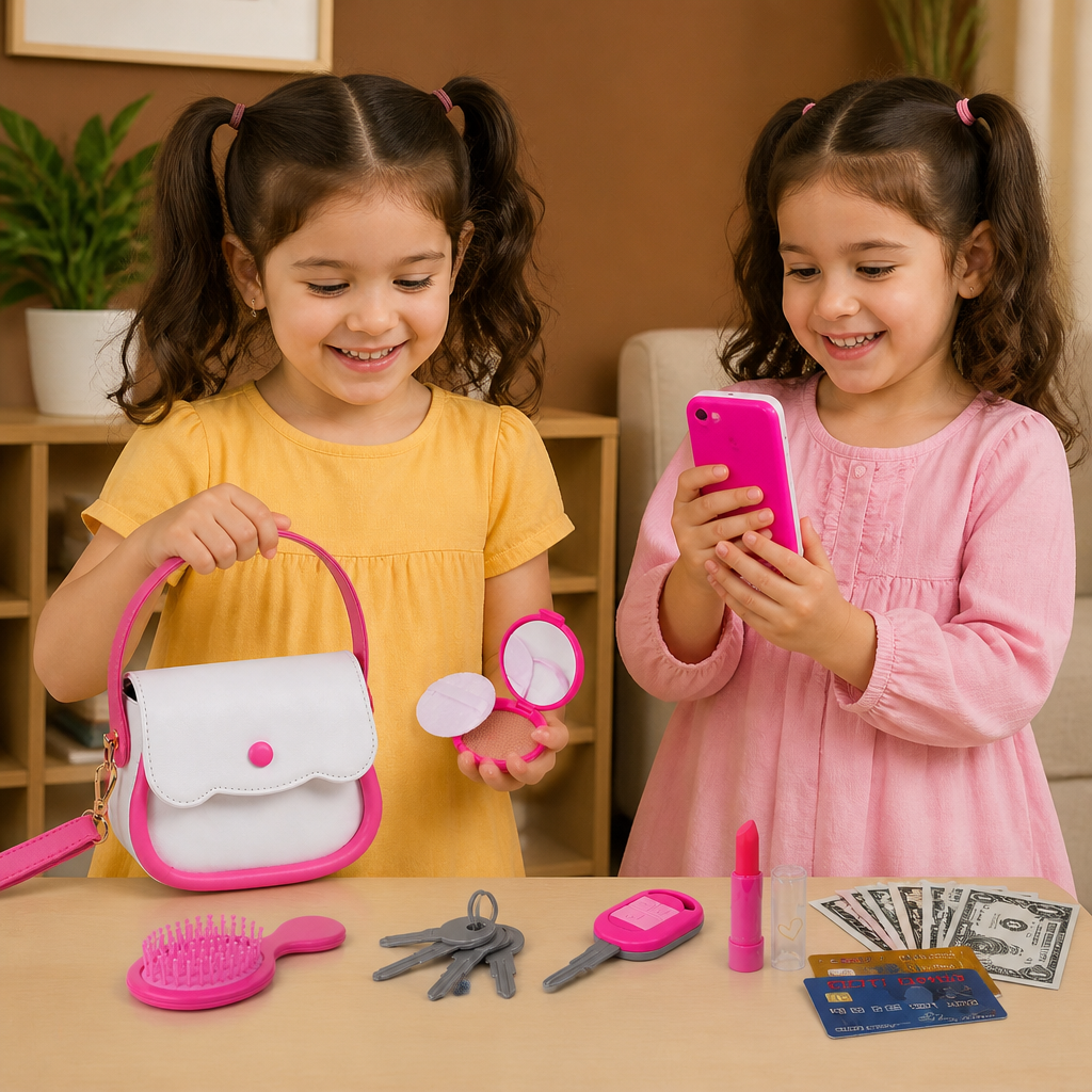 Set de Bolso de Juego de Imitación para Niños con Teléfono, Maquillaje y Accesorios
