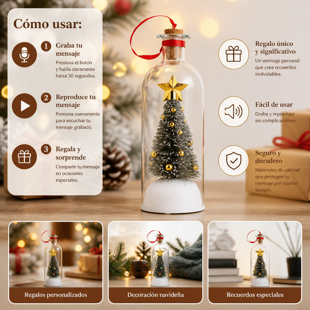 Adorno navideño en forma de botella con mensaje grabable y reproducción de voz