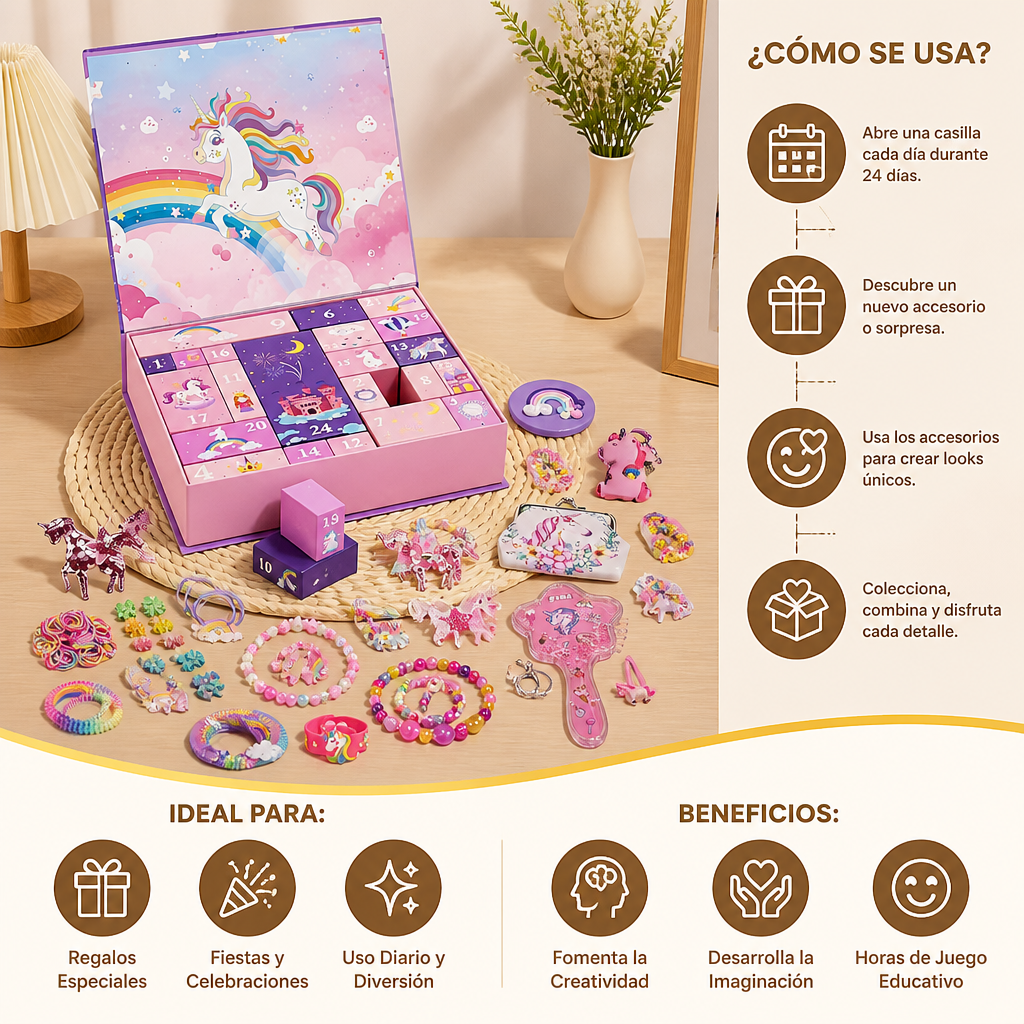 Calendario de Adviento de 24 Días con Accesorios para el Cabello, Pegatinas y Regalos Sorpresa