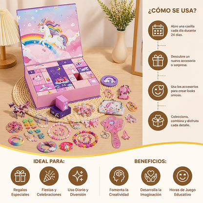 Calendario de Adviento de 24 Días con Accesorios para el Cabello, Pegatinas y Regalos Sorpresa