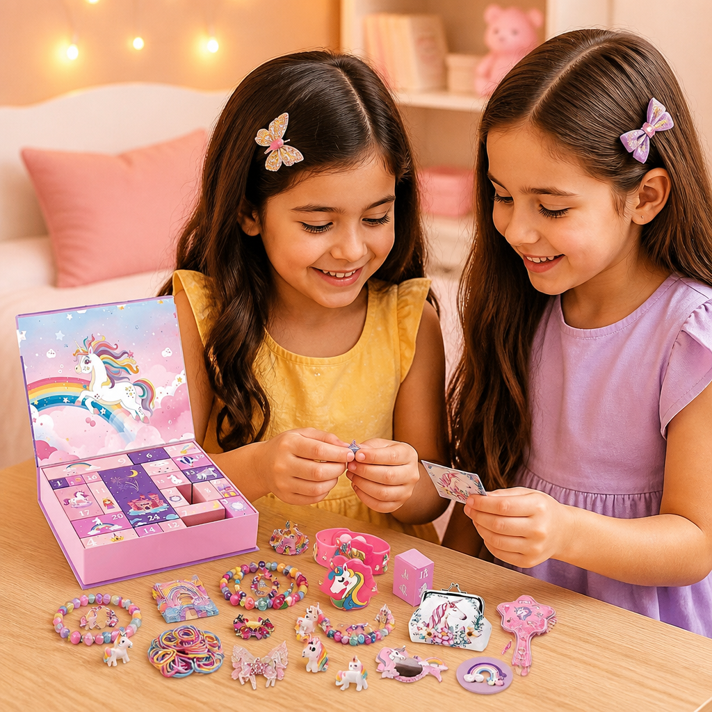 Calendario de Adviento de 24 Días con Accesorios para el Cabello, Pegatinas y Regalos Sorpresa