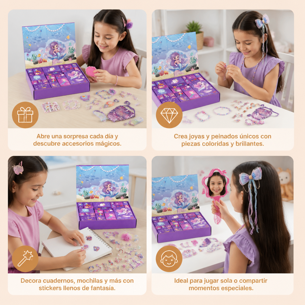 Calendario de Adviento de 24 Días con Sirenas, Accesorios para el Cabello, Pegatinas y Regalos Sorpresa