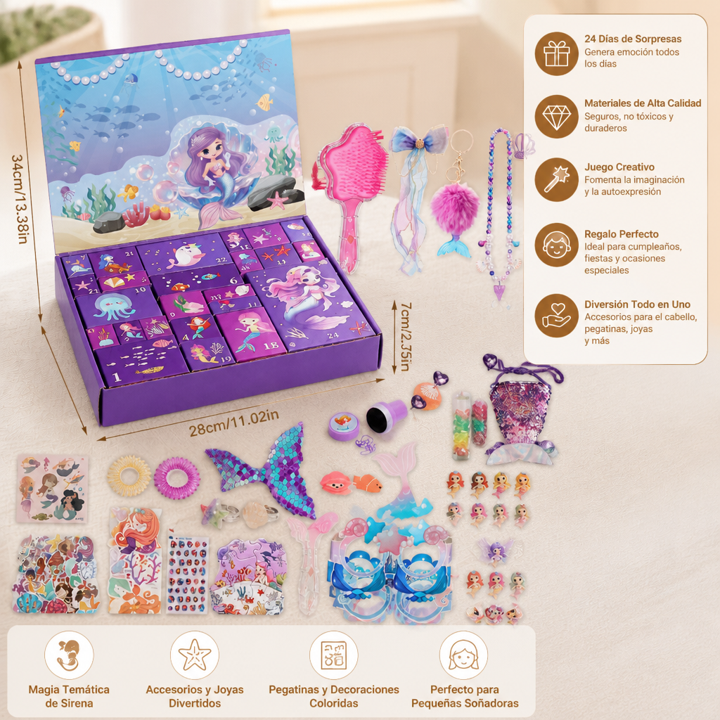 Calendario de Adviento de 24 Días con Sirenas, Accesorios para el Cabello, Pegatinas y Regalos Sorpresa