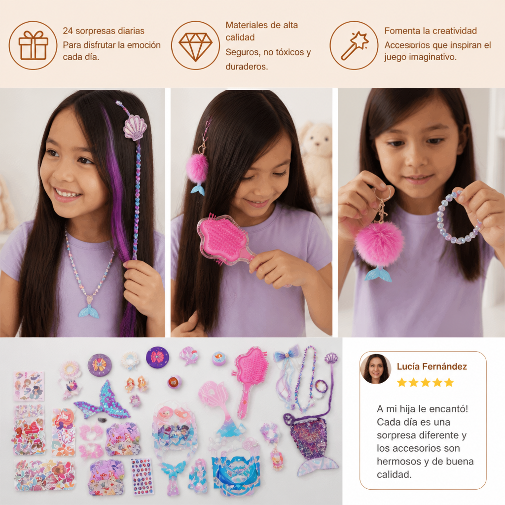 Calendario de Adviento de 24 Días con Sirenas, Accesorios para el Cabello, Pegatinas y Regalos Sorpresa