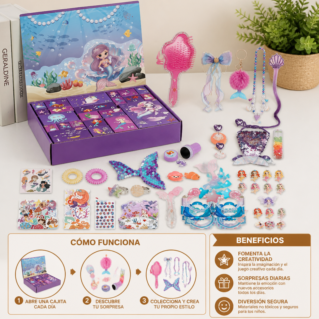 Calendario de Adviento de 24 Días con Sirenas, Accesorios para el Cabello, Pegatinas y Regalos Sorpresa