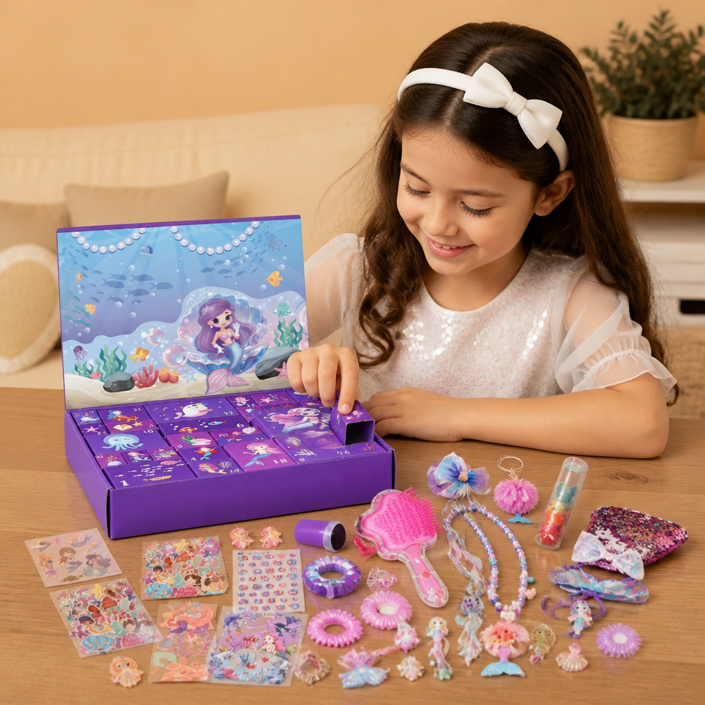 Calendario de Adviento de 24 Días con Sirenas, Accesorios para el Cabello, Pegatinas y Regalos Sorpresa