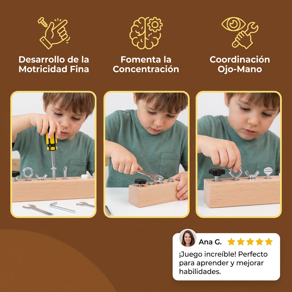 Juego de tornillos de madera Montessori – entrenamiento de motricidad fina y concentración para niños