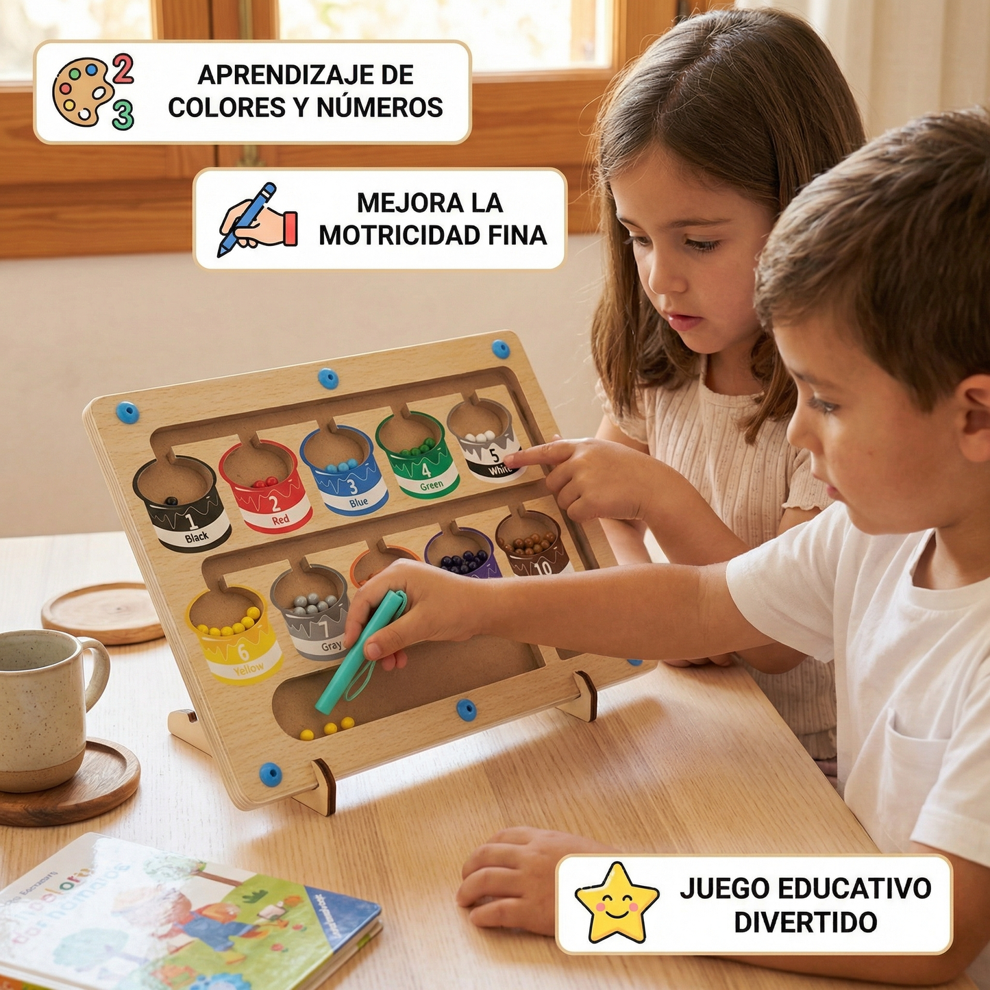 Tablero magnético de madera para contar ⎜ Juego de clasificación de colores con bolígrafo para el aprendizaje temprano y la motricidad fina