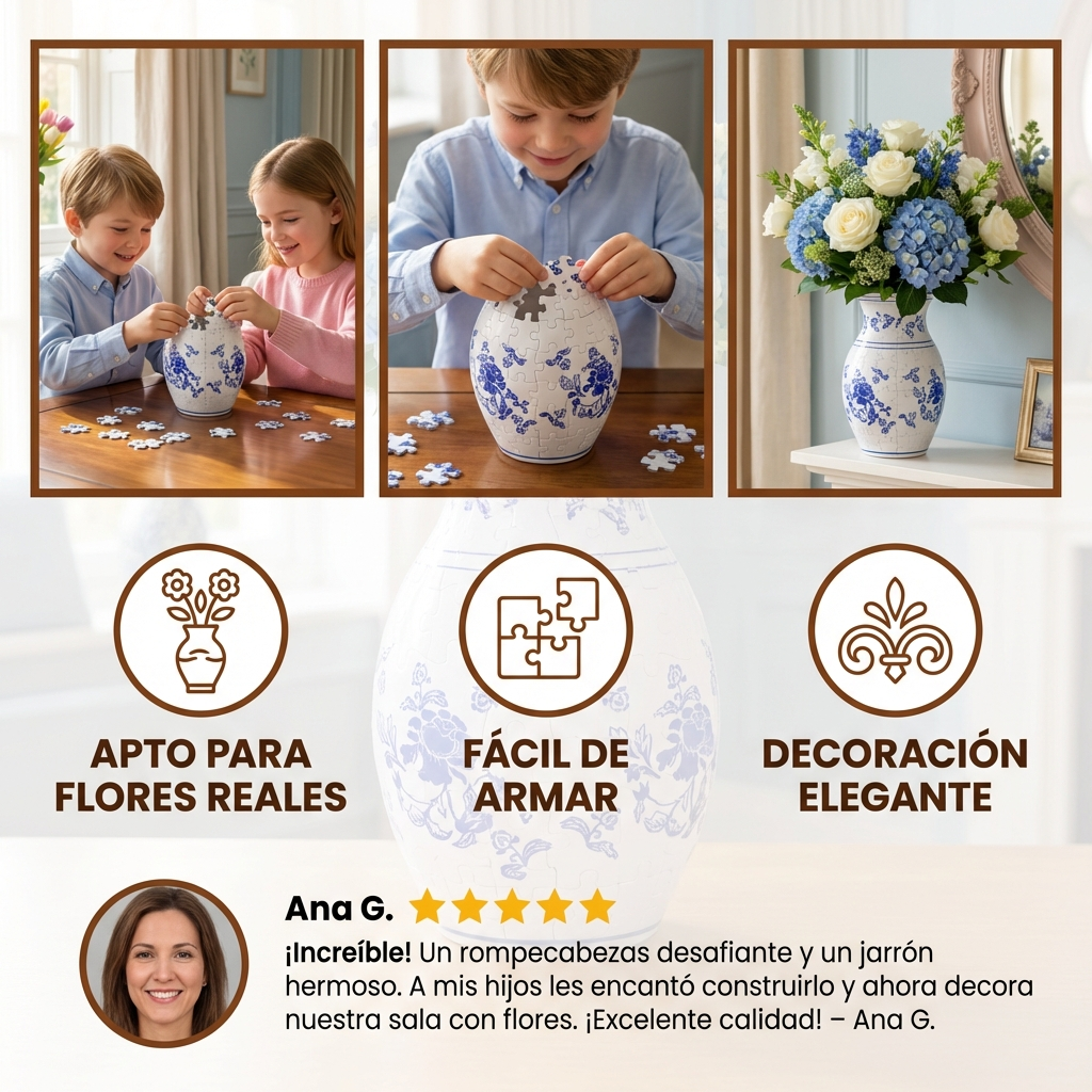 Elegante jarrón 3D de rompecabezas – Apto para flores reales