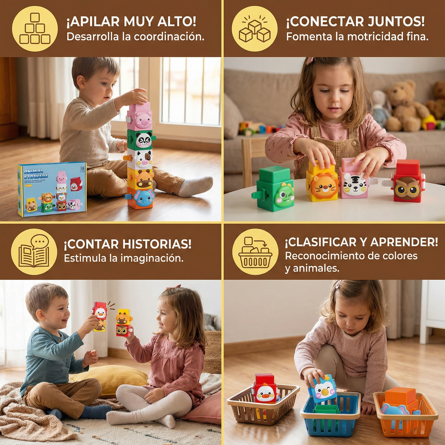 Juego de construcción Montessori pedagógico con animales apilables