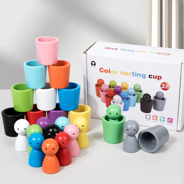 Juguete de madera de colores para niños | Juego de clasificación con muñecos de clavijas y tazas para la motricidad fina y el aprendizaje visual