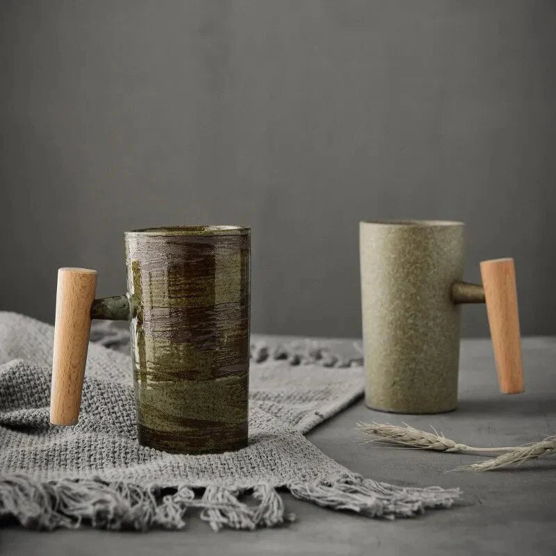 Taza De Diseño Nórdico - Taza De Cerámica Minimalista Con Asa De Madera