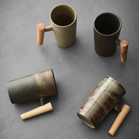 Taza De Diseño Nórdico - Taza De Cerámica Minimalista Con Asa De Madera
