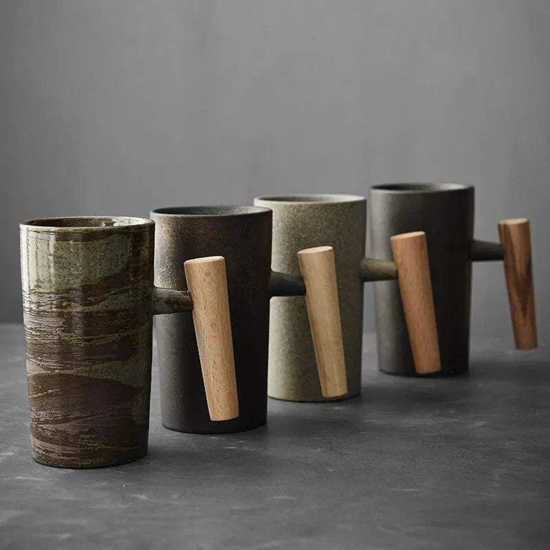 Taza De Diseño Nórdico - Taza De Cerámica Minimalista Con Asa De Madera