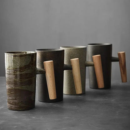Taza De Diseño Nórdico - Taza De Cerámica Minimalista Con Asa De Madera