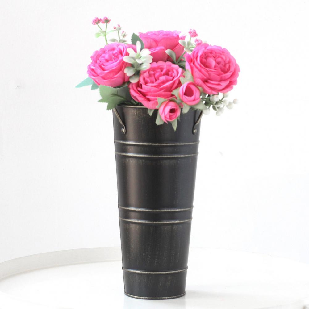 Cubo de Flores de Hierro Retro con Asas - Macetero de Metal Decorativo para el Hogar