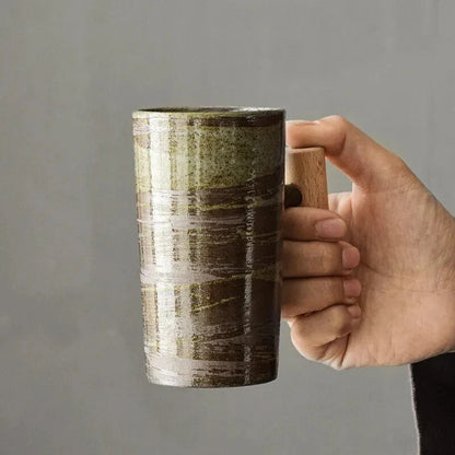 Taza De Diseño Nórdico - Taza De Cerámica Minimalista Con Asa De Madera