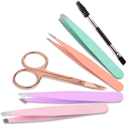 Juego de Pinzas de Precisión - Kit de Cejas de 6 Piezas con Estuche de Viaje