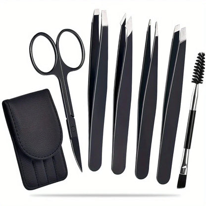 Juego de Pinzas de Precisión - Kit de Cejas de 6 Piezas con Estuche de Viaje