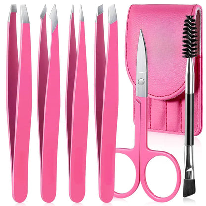 Juego de Pinzas de Precisión - Kit de Cejas de 6 Piezas con Estuche de Viaje
