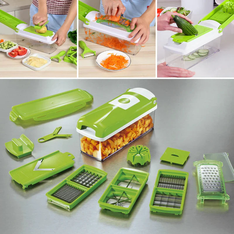 Cortadora De Verduras Multifunción 12 En 1 Con Cuchillas Intercambiables Y Recipiente De Recogida