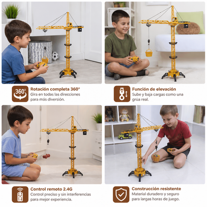 Grúa torre a control remoto – juguete de construcción con giro de 360° y función de elevación