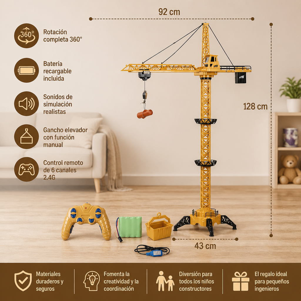 Grúa torre a control remoto – juguete de construcción con giro de 360° y función de elevación